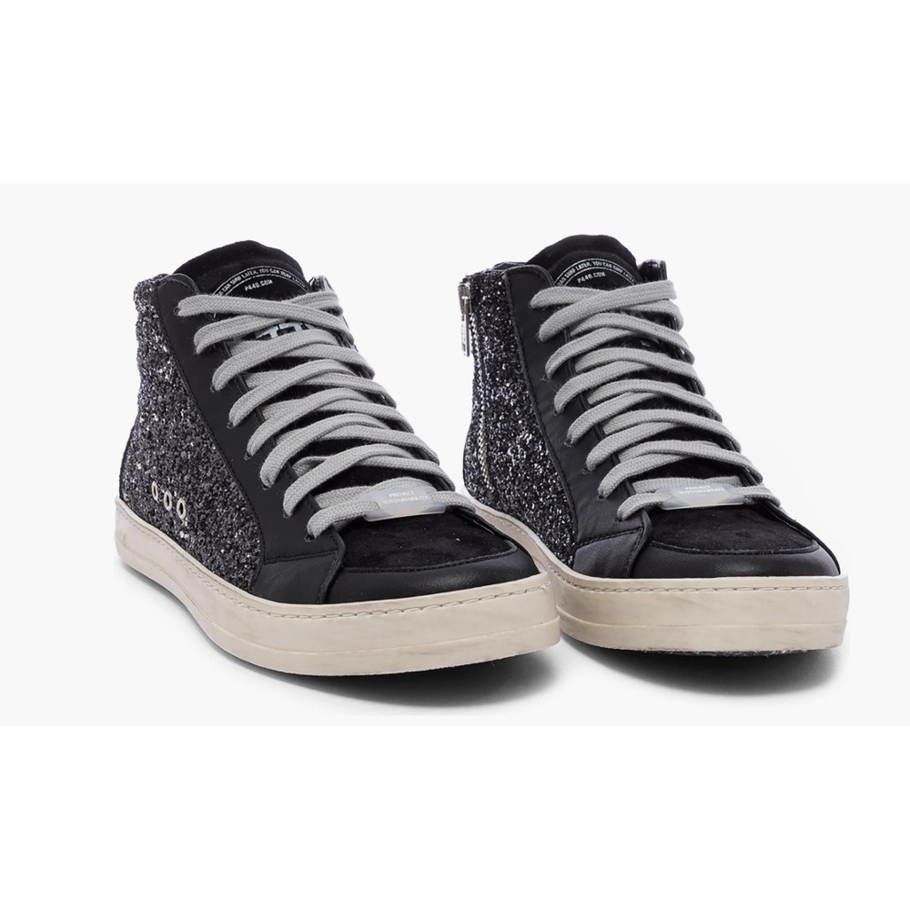 P448 Black Metallic Leopard Zip Italian Leather Skater High Top Sneakers Size 8